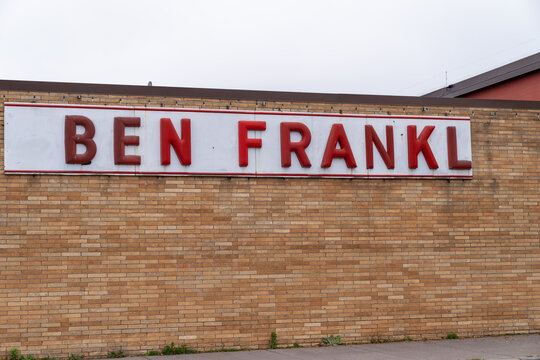 Grand Marais, Minnesota - October 5, 2021: Sign For Ben Franklin Gift Shop In The Downtown Area