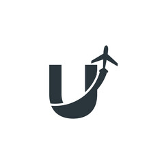 Initial Letter U Travel with Airplane Flight Logo Design Template Element