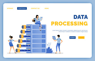 Design of data processing with algorithms that collected and organized in a database server system. vector illustration can be used for landing page, web, website, mobile apps, poster, flyer, ui ux