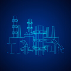 Industrial building factorie facilitie power plant with chimneys. Wireframe low poly mesh vector illustration.