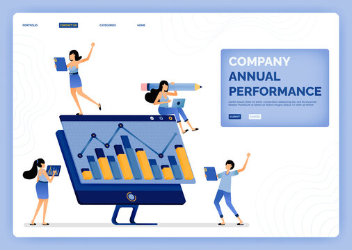 vector illustration of company meeting to discuss financial performance and corporate profits on annual basis. Design can be used for landing page, web, website, mobile apps, poster, flyer, ui ux