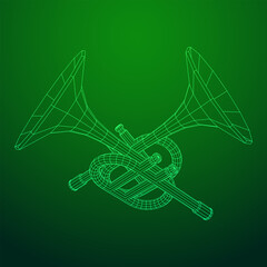 Trumpet pipe fife musiacal instrument. Wireframe low poly mesh vector illustration.