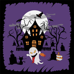 Halloween vector clipart with haunted house, ghost, bats and pumpkin. Use as a poster, card print or digital background.
