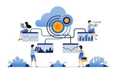 illustration of upload and access financial data from the cloud and displayed in graphs by machine learning apps. Vector design for landing page, web, website, mobile apps, poster, flyer, ui ux