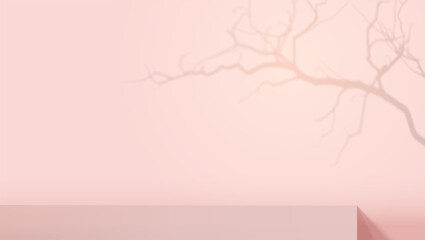 Minimalistic background for product presentation. Pink color. Shadow of tree branches on wall. Mock up for presentation.