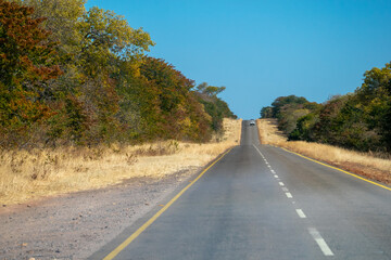 青空に伸びる真っすぐな道、アフリカサファリ
