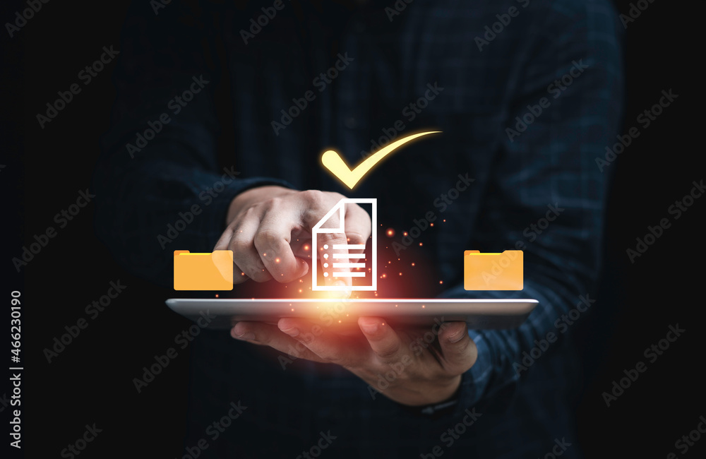 Poster businessman holding tablet with virtual document and mark correct sign for online approve paperless 