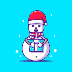 Cute Illustration of Snow Man holding Christmas Gift. Merry christmas