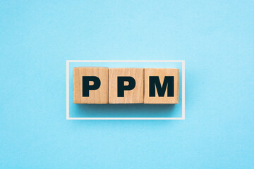 PPM. the word is written on a wooden cubes. Can be used for business, marketing, financial concept. Selective focus.