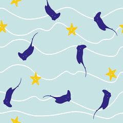 Small stingray on blue background. Abstract vector seamless pattern in flat style.
