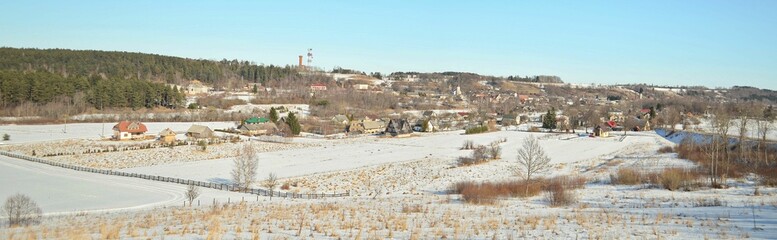 Fototapeta na wymiar Panoramic view of Sabile town in sunny winter day, Latvia.