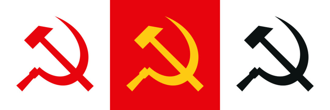 Soviet coat of arms, hammer and sickle. The emblem of the USSR, the symbol of communism. Yellow sign on a red background, vector image.