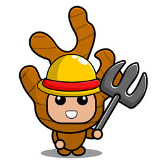 vector cartoon character cute spice ginger mascot costume wearing farmer's hat and holding farmer's fork