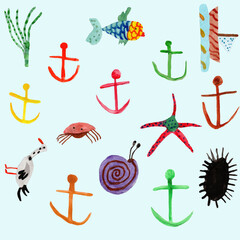 Set of sea animals, seaweed, ship and anchor. Watercolor
childish drawn