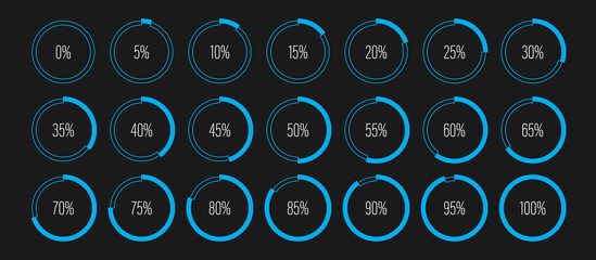 Set of circle percentage diagrams meters from 0 to 100 ready-to-use for web design, user interface UI or infographic - indicator with blue