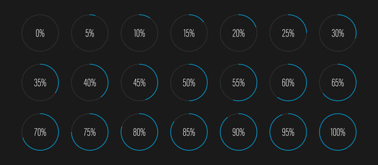Set of circle percentage diagrams meters from 0 to 100 ready-to-use for web design, user interface UI or infographic - indicator with blue