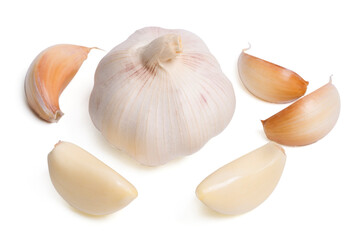  Fresh peeled garlic cloves, bulb  with garlic slices isolated on white background