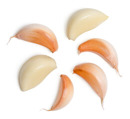 Top view fresh peeled garlic cloves, bulb  with garlic slices on white background.