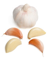 Fresh peeled garlic cloves, bulb  with garlic slices isolated on white background