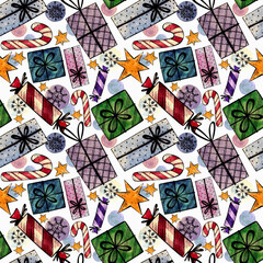 Christmas gifts seamless pattern. watercolor illustration for printing fabric, wallpaper, wrapping paper.