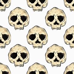 seamless watercolor pattern. doodle drawing of a skull on a white background. for printing on fabric, wallpaper, postcards. halloween all dead mexico
