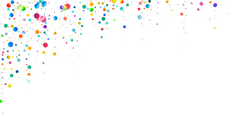 Watercolor confetti on white background. Alive rainbow colored dots. Happy celebration wide colorful bright card. Interesting hand painted confetti.