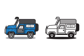 Jeep travel hand drawn colors and outline doodle icon. Summer travel and vacation, adventure concept. Vector sketch illustration for print, web, mobile and infographics on white background.