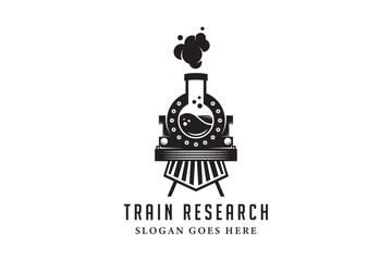 black old train laboratory logo design template. retro and vintage style. isolated on horizontal white background.