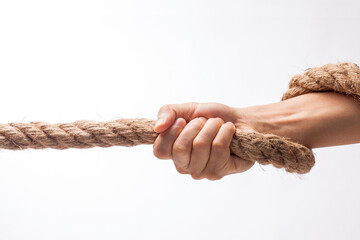 hand holding tight to a rope. - obrazy, fototapety, plakaty