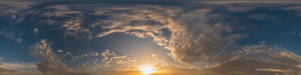 Dark blue sunset sky pano with Cumulus clouds. Seamless hdr panorama in spherical equirectangular...