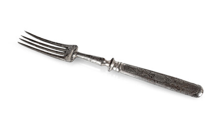 antique dirty silver fork isolated on white background