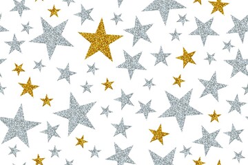 Gold and silver stars on a rectangular white background. Beautiful space print. Vector illustration.