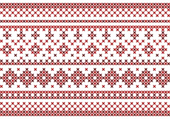 Abstract patterns in red, embroidered with a cross on a white fabric. Vector illustration. Russian, Scandinavian motives.