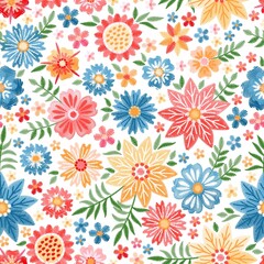Fototapeta na wymiar Cheerful variegated floral pattern with embroidered abstract flowers and leaves on a white background. Retro style. Seamless pattern for fabric.