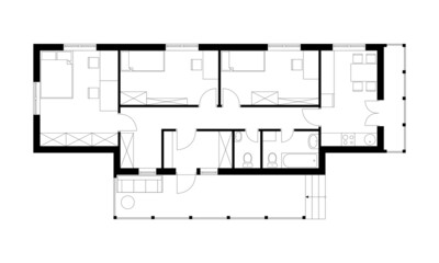 Black and white architecture plan of house with three bedrooms, bathroom, toilet, kitchen and living room.