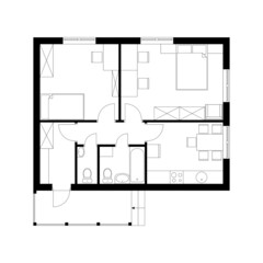 Black and white architecture plan of house with furniture. Floor plan, top view.