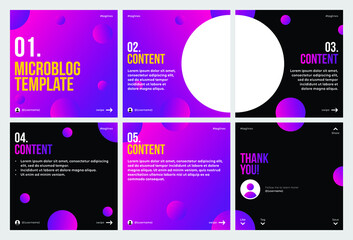 Microblog carousel slides template for instagram. Six pages, purple gradient and sphere theme.