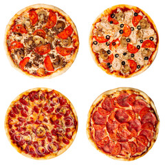 Isolated collage of various types of pizza on white