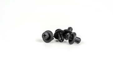 Plastic Black Clips For The Car. Close Up. Isolated On A White Background