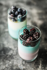 Desserts with yogurt and berry in glass on the dark rustic background. Selective focus. Shallow depth of field.