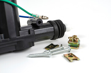 Mechanism of a car door lock isolated on a white background.