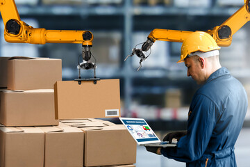 Smart robot arm systems for innovative warehouse and factory digital technology . Automation...