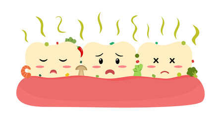 Dirty teeth cartoon character with food and bad breath in flat design on white background. Smelly mouth concept vector illustration.