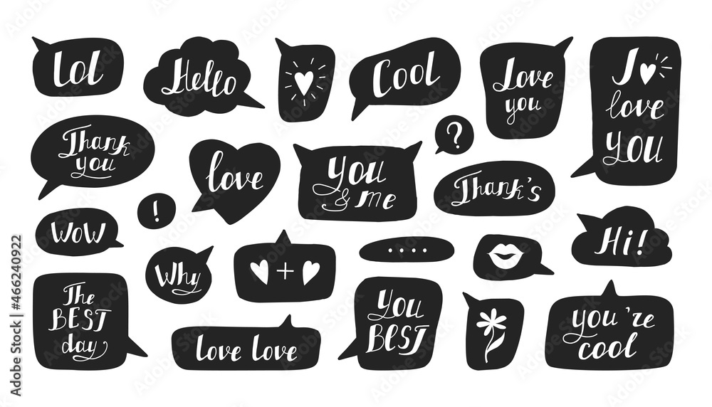 Poster Speech bubble. Hand drawn text message and social media chat retro dialog cloud with handwritten phrase. Black and white quotes frames. Calligraphic lettering. Vector graphic elements set