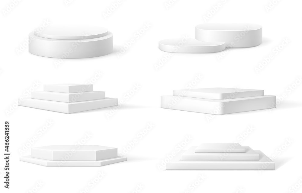 Poster realistic pedestal. 3d white empty podium. cylinder winner stage and round presentation platform. ge