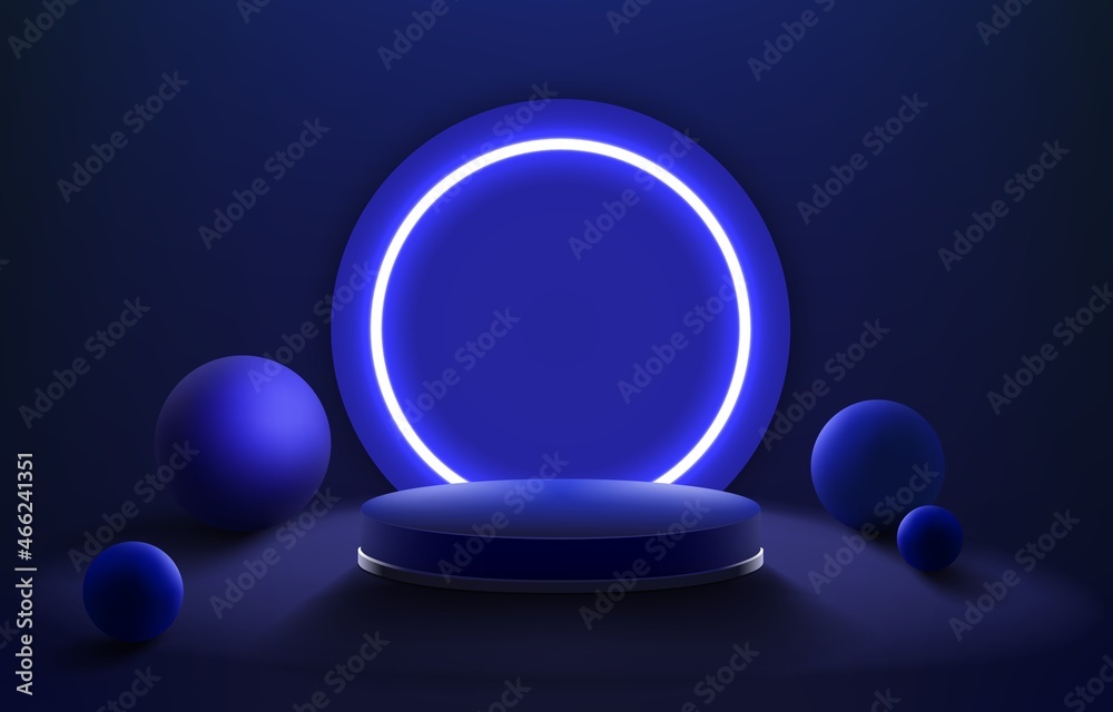 Poster Realistic stage. Abstract background with empty 3D podium mockup for product presentation and museum exhibition. Illuminated round platform with neon light. Vector showroom pedestal