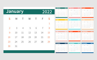 Calendar 2022 template. 2022 calendar planner template set. Week starts on sunday. Vector illustration.