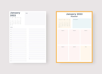 January 2022 planner template set. Set of planner and to do list. Monthly, weekly, daily planner template. Vector illustration.