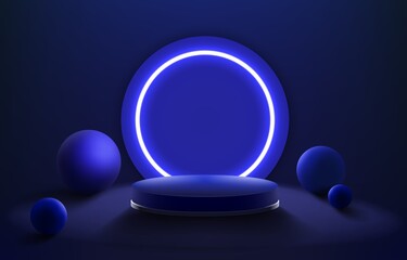 Realistic stage. Abstract background with empty 3D podium mockup for product presentation and museum exhibition. Illuminated round platform with neon light. Vector showroom pedestal