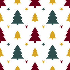 Vector seamless pattern with geometric Christmas trees and stars in green,red and yellow colors on white background.Simple modern design for New year celebration,textile,wrapping paper,prints,fabric